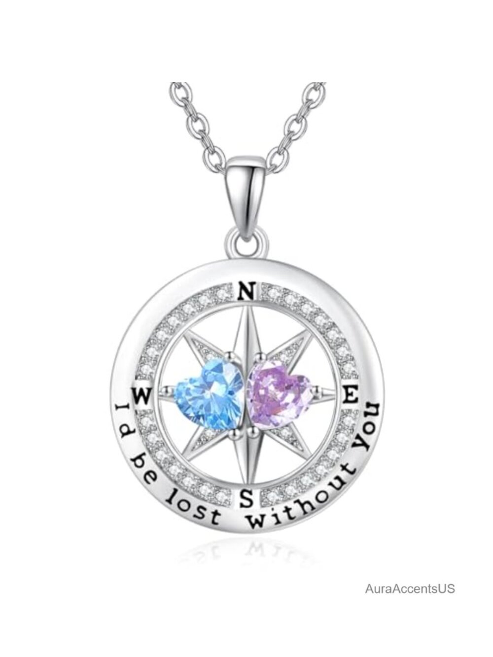 Compass Birthstone Necklace White Gold Plated Two Heart Stone Pendant Gift